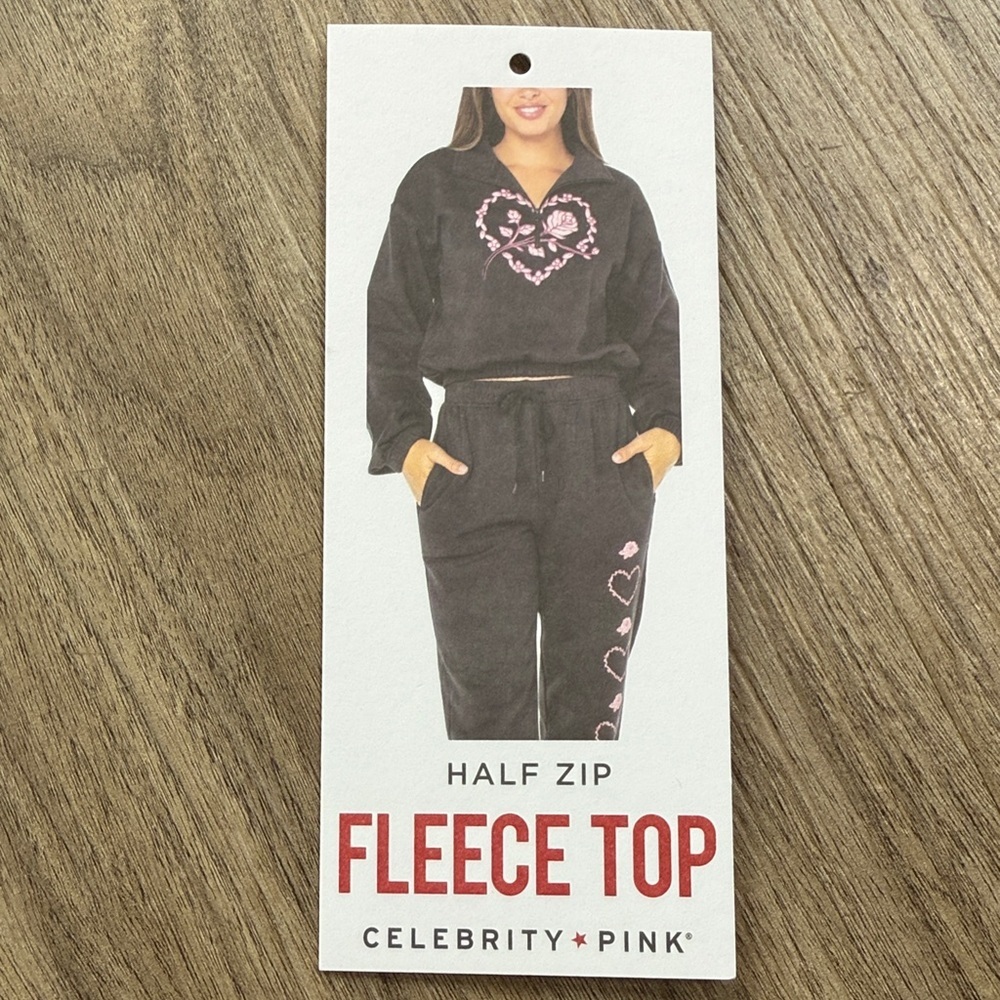 Black Quarter-Zip Fleece Cropped Sweatshirt with Pink Floral Design - Picture 3 of 6